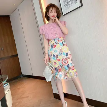 

Summer Designer Suit Set Women Sweet Layer Petel Pink Shirt Top + High Waist Floral Embroidery Midi Mesh Skirt Two Piece Set