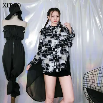 

XITAO 2020 Spring New Irregular Plus Size Stitching Shirt Trumpet Sleeve Trend Vintage Printed Chiffon Blouse Streetwear DMY4320