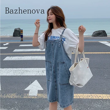 

Bazhenova Autumn Girls Student Loose Denim Dresses Woman Adjust Straps Wash Cotton Dress For Women Casual Fall Denim Gown R690