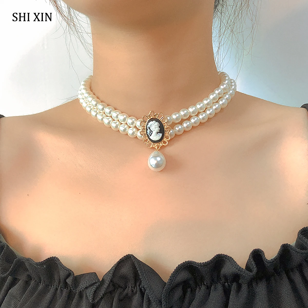 Pearl Choker Necklace Collar Wedding-Jewelry Layered SHIXIN White Women Gifts for Beads