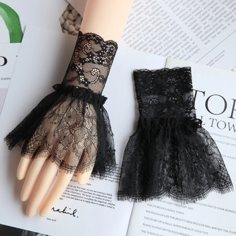 Women Fake Arm Sleeves with Short Tassels White and Black Pleated Cuff Beautiful Lace Accessories Outdoor Embellishments arm sleeves
