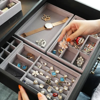 

3 Pieces/ lot Velvet Jewelry Storage Box Grey Ring Organizer Jewelry Storage Tray Necklace Earring Holder Case