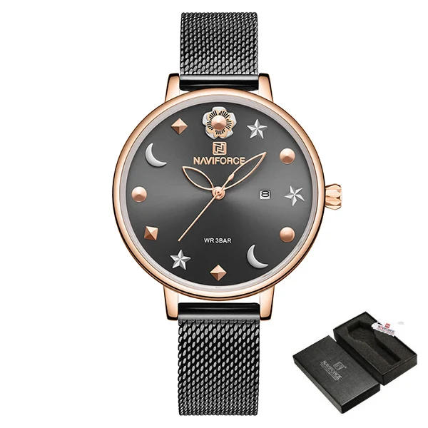 NAVIFORCE женские часы водонепроницаемые Топ брендовые Роскошные модные Moon Star дизайнерский кожаный браслет женские наручные часы женские подарки - Цвет: Rose Gold Black With Box