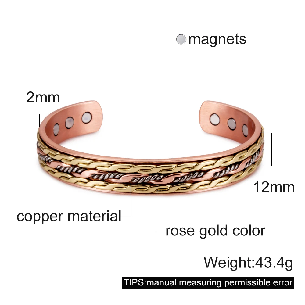 Vinterly Cross Copper Bracelets Gold-color Rose Twisted Magnetic Women Adjustable Open Cuff Bangles Resizable Jewelry Magnets 2