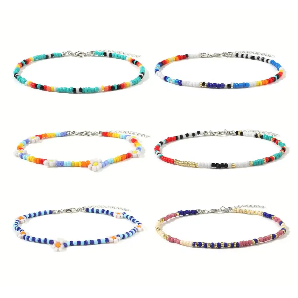 New Hip Hop Flower Daidy Bead Anklet Bracelet For Women Bohemian Colorful Handmade Elastic Strech Ankle Jewelry Gift