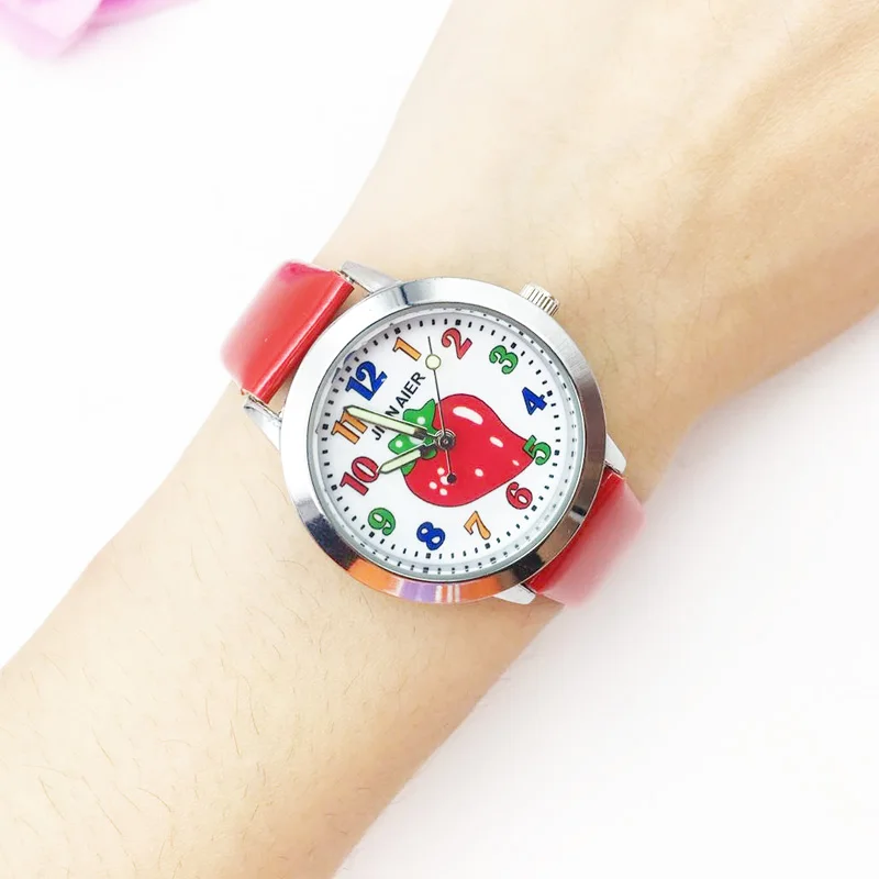 hot fashion cartoon watch for kids jelly leather strap girl's quartz watch boy students clock Strawberry pattern drop shipping wholesale colorful number (9)