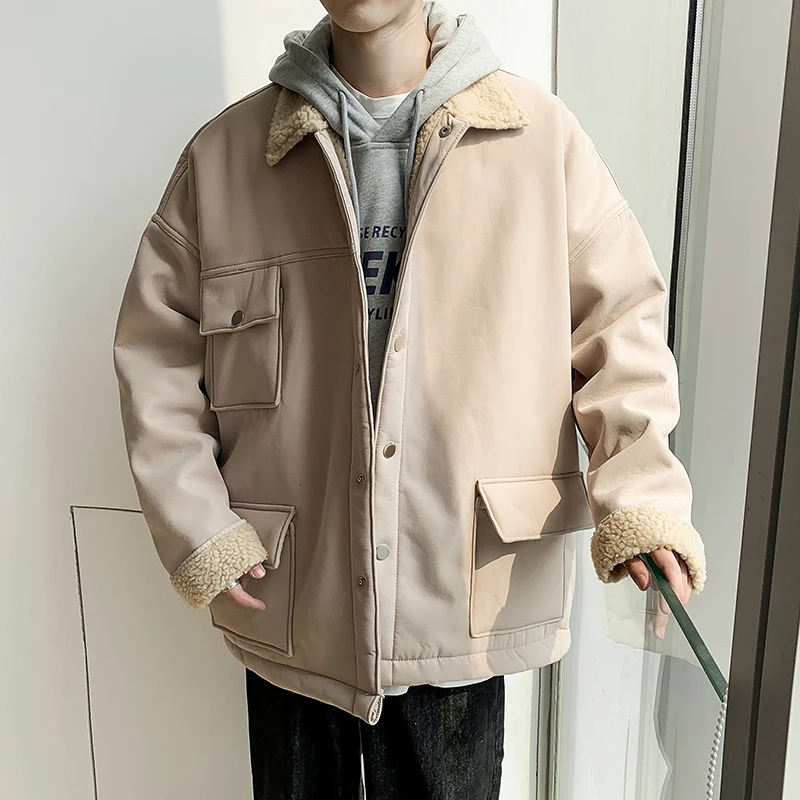 Winter Plus Velvet Jacket Men's Warm Thick Fashion Parka Men Solid Color Casual Cotton Jacket Man Streetwear Loose Coat Male