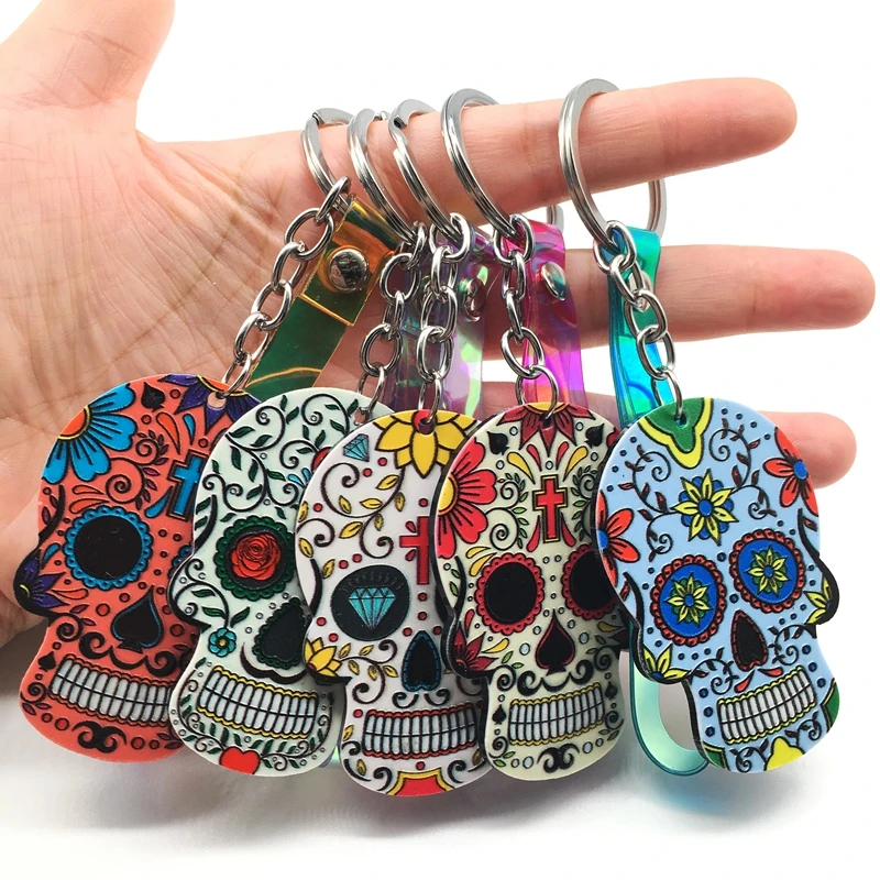

Keychain Calavera Sweet Whimsical Skull Key chain Keyring Relief Sugar Skull KeyChain Custom Laser Dazzle Rope Key Ring 19 Color