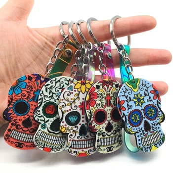 

Keychain Calavera Sweet Whimsical Skull Key chain Keyring Relief Sugar Skull KeyChain Laser Dazzle Rope Key Ring 19 Color