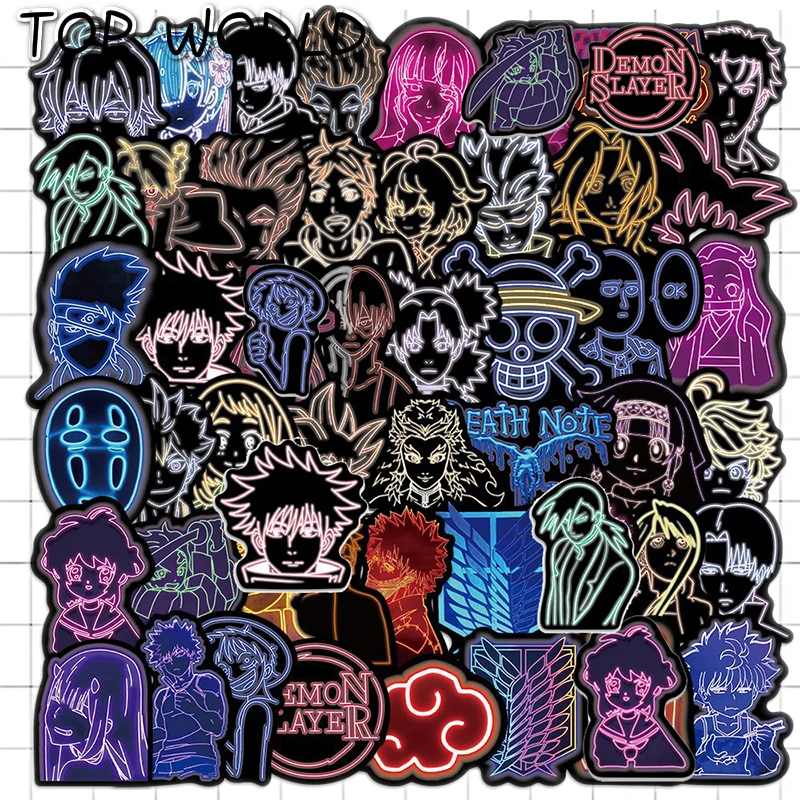 10/50Pcs/set Neon Cartoon Mix Anime Demon Slayer Jujutsu Kaisen Pvc Waterproof Stickers For Luggage Diy Laptop Skateboard