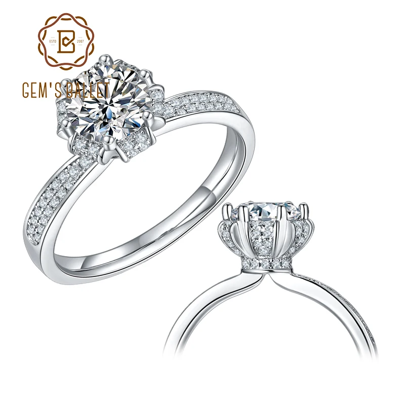 Женское Обручальное Кольцо GEM'S BALLET Moissanite 925 пробы Серебряное кольцо с короной 1Ct
