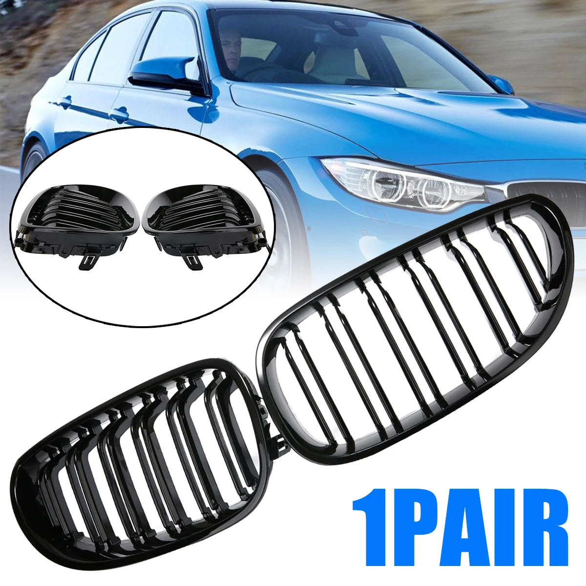 2PCS High Quality Auto Car Gloss Black Dual Slats Front Kidney Grille Grilles For BMW E60 E61 M5 5 Series 2003-2010