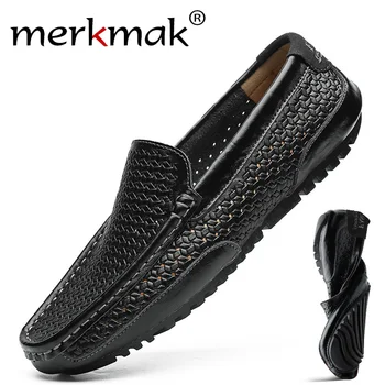 

Merkmak Summer Men Shoes Casual Brand New Genuine Leather Mens Loafers Moccasins Italian Breathable Slip on Boat Shoes Big Size
