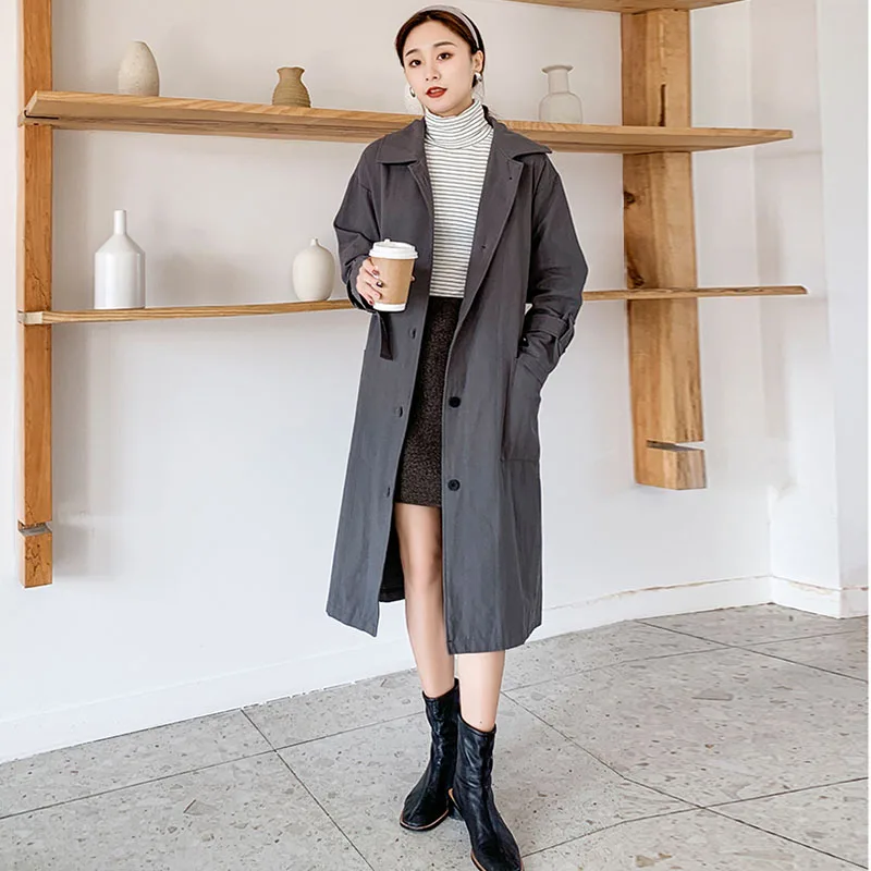 Женский свободный тренчкот длинный цвета хаки/серого в Корейском стиле