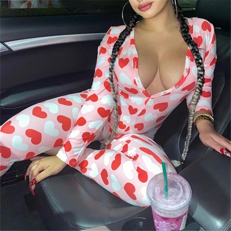 Sexy Onesies For Adults Women V-Neck Button Bodycon Bodysuit Fashion Printed Long Sleeve and Trousers Jumpsuit Romper Pajamas