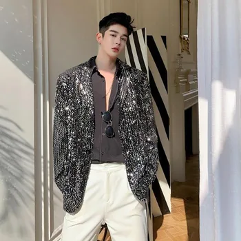 

Men Sequins Casual Loose Suit Coat Overcoat Male Vintage Fashion Stage Show Blazer Jacket Outerwear