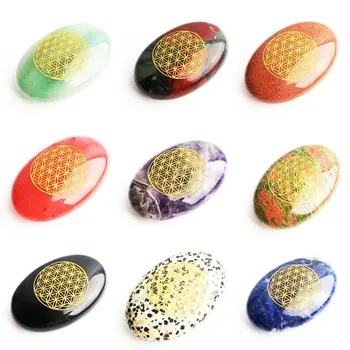 

Natural Tumbled Semiprecious Stone Bloom Flower of Life Oval Plam Hand Carved Natural Crystal Geometry Spiritual Stone Healing