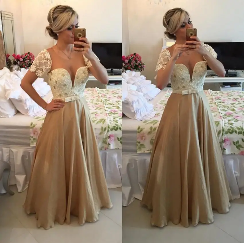Short Sleeve Chiffon Prom Dresses Pearls Delicate Custom Made Lace Floor-length Arabic Gowns | Свадьбы и торжества