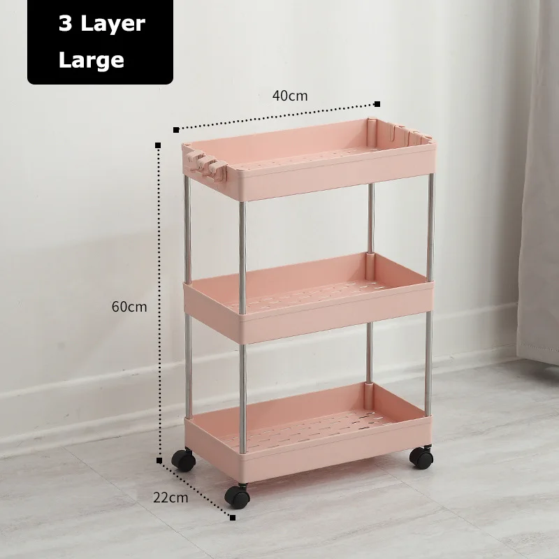 Тонкий выдвижной кухонный стеллаж для хранения, для спальни, ванной комнаты, органайзер, полка, подвижная, 2, 3, 4 яруса, белый, розовый, держатель для хранения гаджетов - Цвет: 3 Layer Pink Large