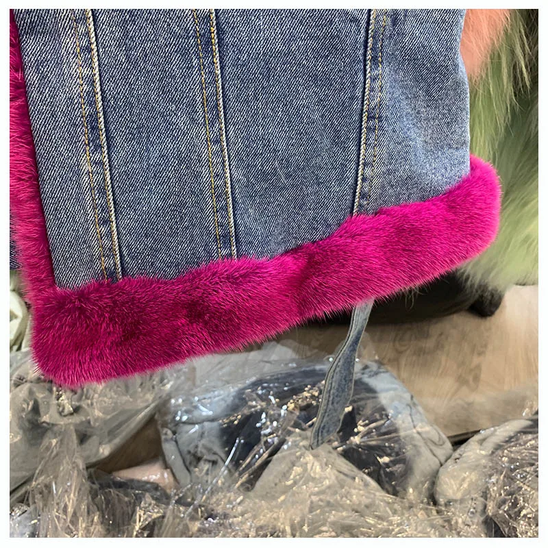 Женское джинсовое длинное пуховое пальто с воротником из меха норки, парка с утиным пером, пальто с манжетами, фиолетовая зимняя Джинсовая Верхняя одежда