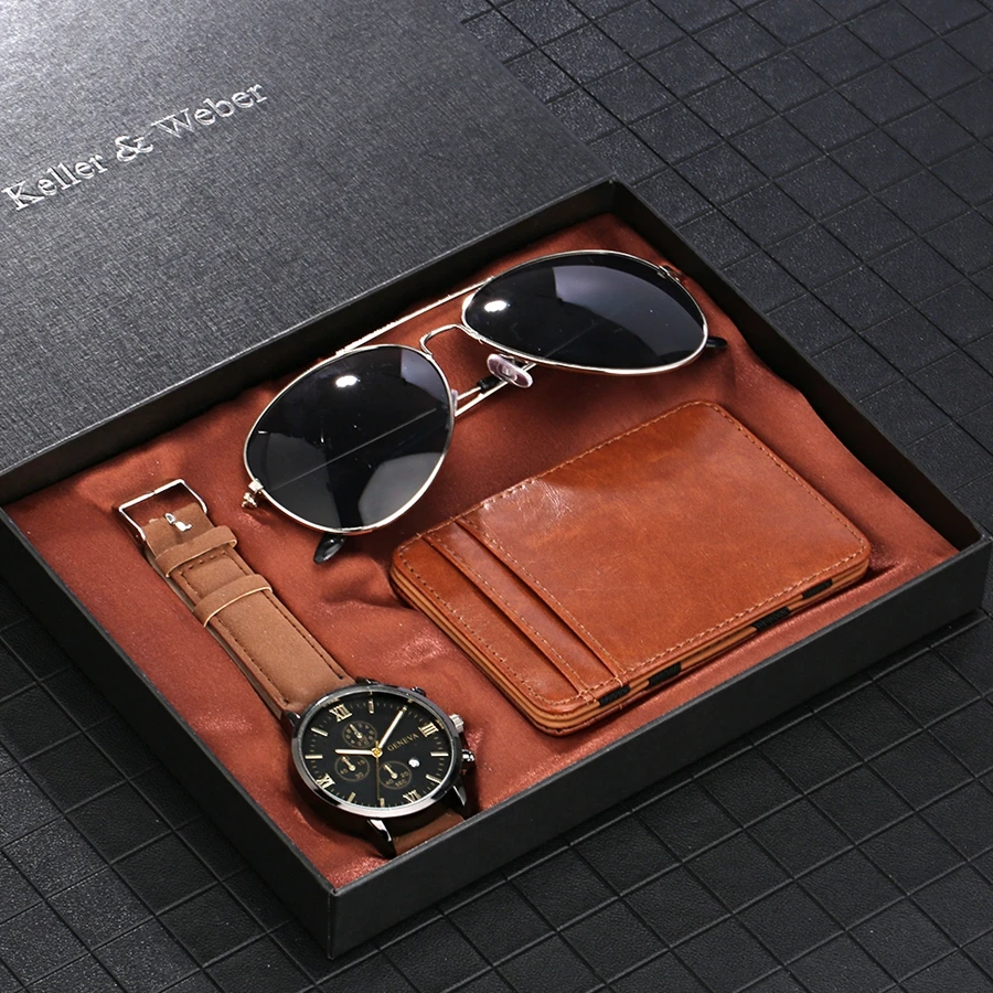Luxury Rose Gold Men's Watch Leather Card Credit Holder Wallet Fashion Sunglasses Sets for Men Unique Gift for Boyfriend Husband