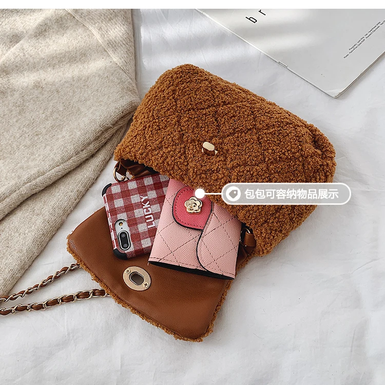 Elegant Female Plaid Crossbody Bag Winter New Quality Soft Plush Women's Designer Handbag Lock Chain Shoulder Messenger Bag