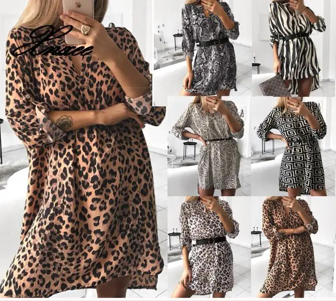 PROD 4000214596046 Xnxee Womens Spring Sexy Leopard Dress Snake Print
Striped Long Sleeve V-neck Feminine