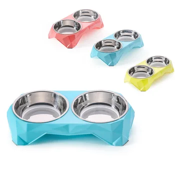 

Pet Bowl Double Bowl Solid Color Cartoon Pet Stainless Steel Diet Drinking Water Household Dual-use Bowl Pet Supplies