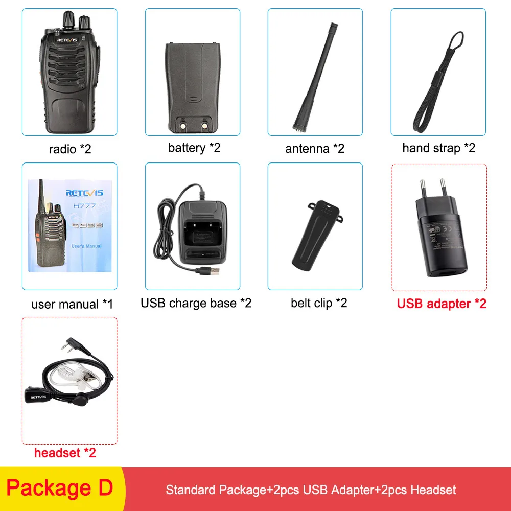 Package D 2 шт. RETEVIS H777 Walkie Talkie 3 Вт УВЧ двухсторонняя радиостанция приемопередатчик двухстороннее радио-коммуникатор зарядка через usb рация - Цвет: Package D