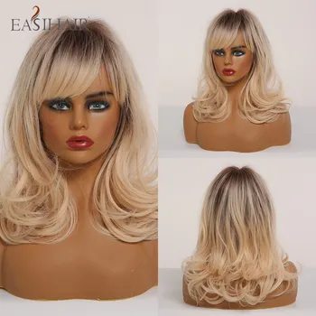 

EASIHAIR Medium Wavy Synthetic Wigs With Bangs Ombre Blonde Ash Wigs With Highlights Heat resistant for Black Women Cospaly