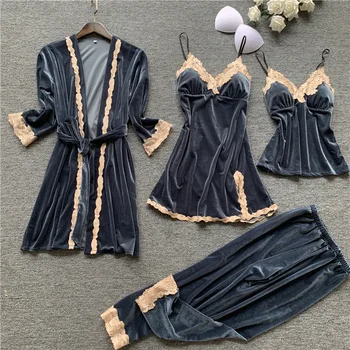 

Autumn 4 Pieces Women Pajamas Sets Gown & Robe Sleepwear Velvet Nightwear Pyjama Strap Sleep Lounge Set Pijama with Chest Pad