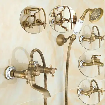 

Antique Brushed Brass Bath Faucets Wall Mounted Bathroom Basin Mixer Tap Crane With Hand Shower Head Bath & Shower Faucet
