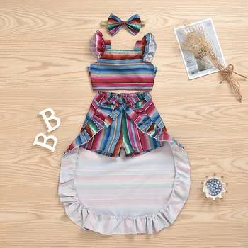 

2020 summer baby girl clothes Toddler Kids Baby Girls Suspender Stripe Tops+ Shorts +Cloak+Headbands Set HOT