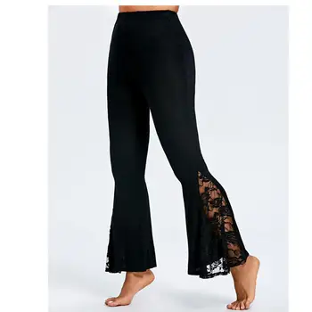 

Women's Autumn Casual Solid Color Bell Bottoms Lace Stitching Elastic High Waist Trouser Yoga Pants
