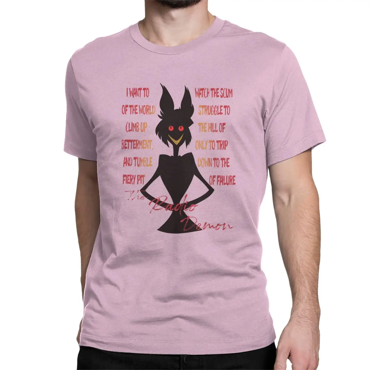 Футболка с надписью «I Want To Watch The Scum Of The Earth Fighting», Мужская Винтажная футболка, топы с изображением демона-радио, футболки Hazbin - Цвет: Розовый