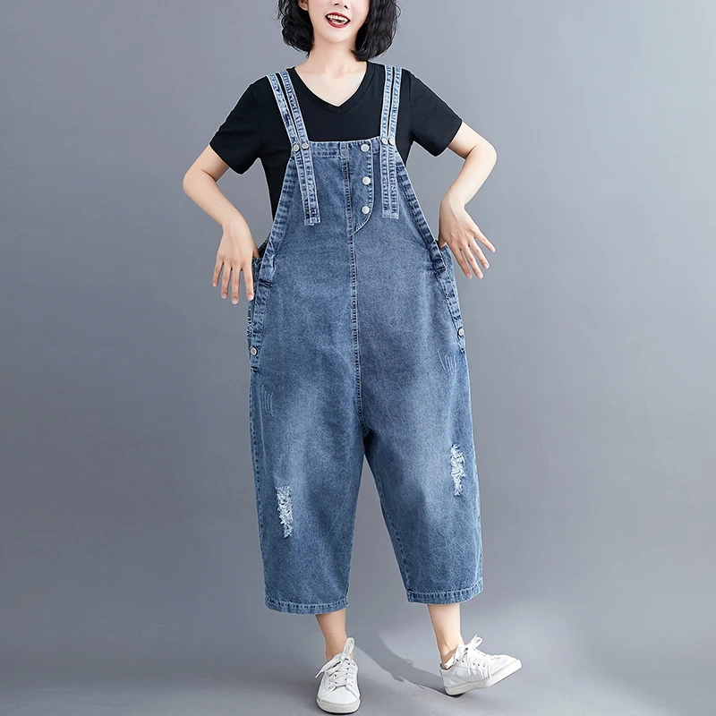 Loose Oversized Jeans Overalls For Women Wide Leg Plus Size Denim Jumpsuit Pockets Ripped Bib Baggy Pants Double Straps Rompers casual streetwear denim jumpsuit women loose wide leg plus size jeans overalls harajuku single breasted straps baggy pants