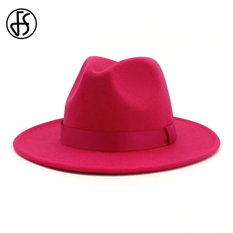 FS женская розовая шерстяная фетровая шляпа для джаза Fedora модная Trilby с широкими