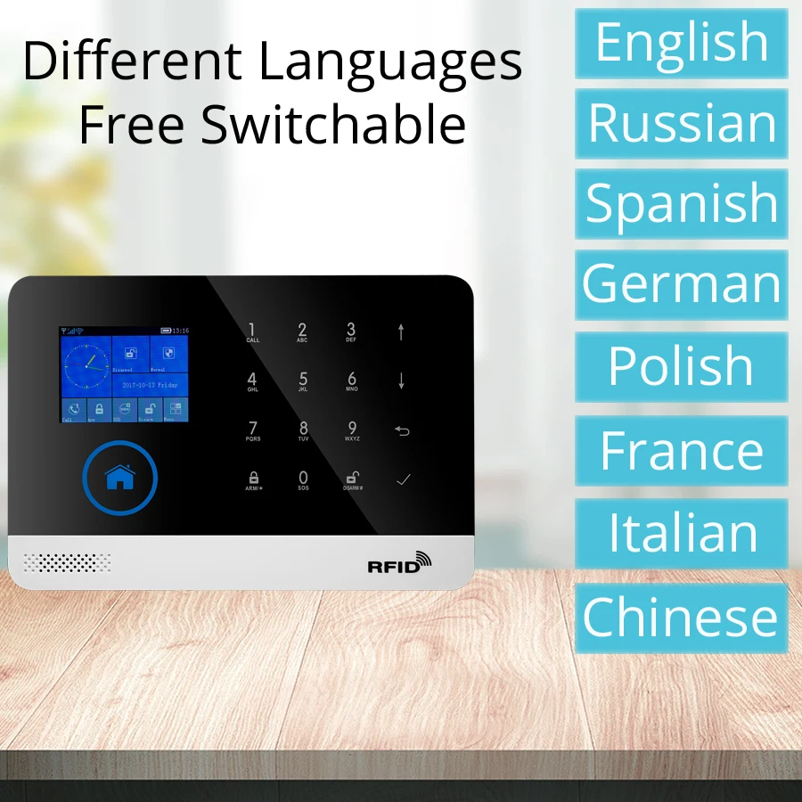EN RU ES FR PL DE переключаемая беспроводная домашняя безопасность Wi-Fi GSM GPRS Сигнализация приложение пульт дистанционного управления RFID карта Arm Disarm
