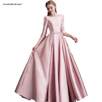 

Vestido madrinha longo2020 new satin pearl Three Quarter sleeve A Line pink bridesmaid dress retro wedding party gown abiti dami