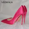 Veowalk Rose Pink Women Satin Stilettos High Heels Slip On Pointy Toe Silk Pumps Elegant Ladies Wedding Bridal Dress Shoes ► Photo 1/6