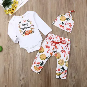

3 Pieces Set Halloween Newborn Kid Baby Girls Clothing Cotton Full Sleeve Romper Tops+Long Pants Hats Autumn Outfits Clothes