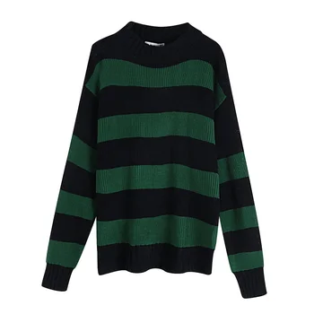 

Fall 2019 Women's Wear New Lazy Wind Loose Long-sleeved Half-high-collar Baitao Stripe Medium-long Pullover Knitted Shirt