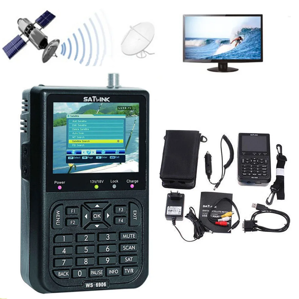 Цифровой спутниковый измеритель сигнала Satlink WS-6906 DVB-S FTA спутниковый измеритель сигнала Finder 3," lcd US UK EU AU штекер