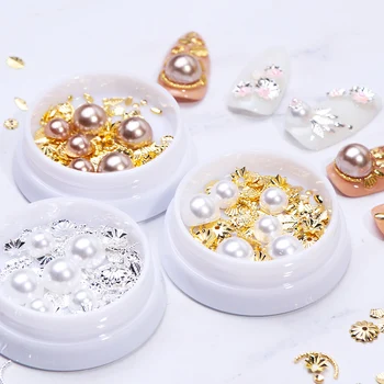 

3Box Pearl Rivet Rhinestones Gold Silver 3D Metal Frame Nail Stones Winter Glitter Jewelry Nail Art Manicure Accessorie LY1550-1