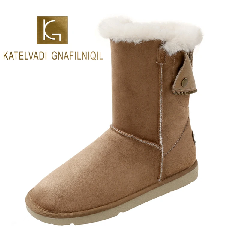 

KATELVADI High Quality Women Winter Snow Boots Zip Round Toe Brown Flock Flats Heels Thick Plush Warm Boots Shoes Women K-592