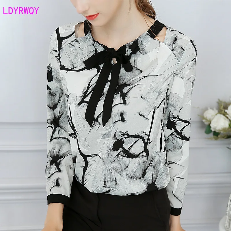 

LDYRWQY spring and summer new Korean women's fashion printing lace bow tie long sleeve bottoming wild shirt