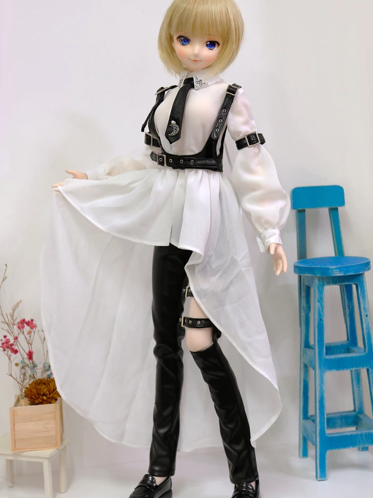 Одежда для куклы BJD кожаный костюм в стиле панк белая рубашка черные кожаные