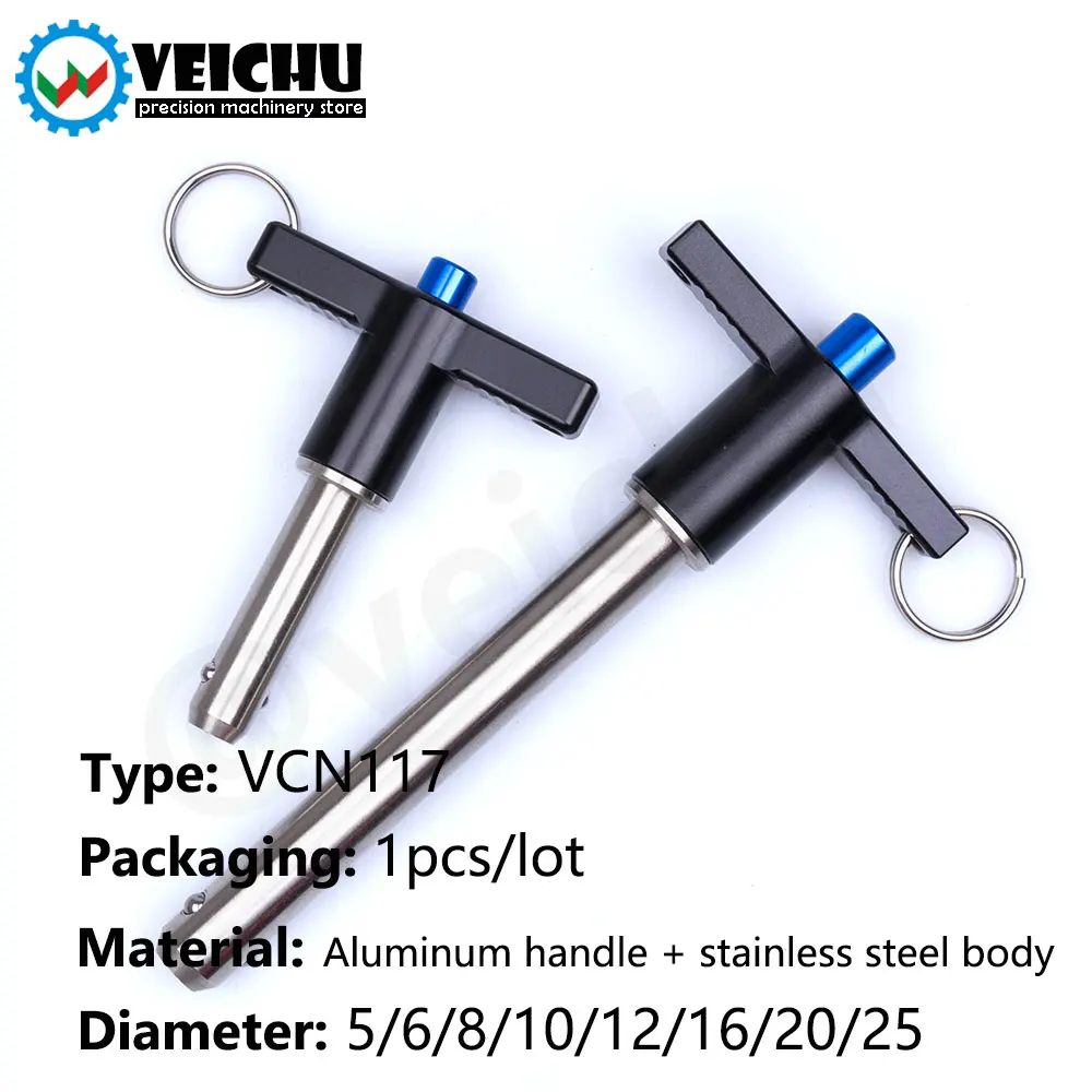 Cylindrical Locating Dowel Pin Stainless Steel Ball Lock Pins Stainless Steel Pins Clips 1pcs T-Handle Aluminum Grip Fastening Locating Safety Pins VCN117 Quick Release Button Pins Ball Lock With Ring