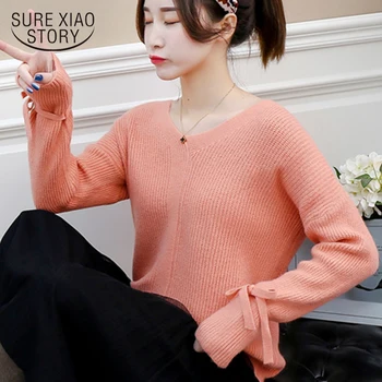 

Sweaters Fashion 2019 Women Computer Knitted Casual V-Neck Pullovers Bow Solid Women Sweater Winter Women clothing 5207 50