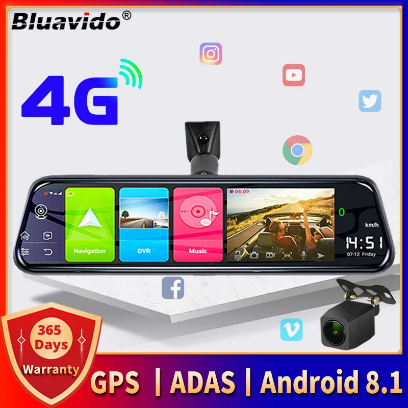 Bluavido 10" 4G Android 8.1 Dashcam GPS Navigation ADAS Car Rearview mirror  Camera Full HD 1080P Car Video Recorder DVR WiFi BT